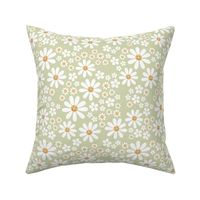 White groovy flowers and smileys - kids daisies and poppy flower blossom spring garden vintage soft yellow white on sage mist green