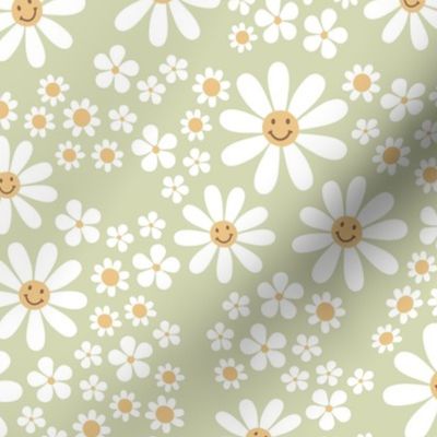 White groovy flowers and smileys - kids daisies and poppy flower blossom spring garden vintage soft yellow white on sage mist green