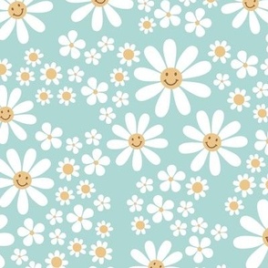 White groovy flowers and smileys - kids daisies and poppy flower blossom spring garden vintage soft yellow white on aqua blue