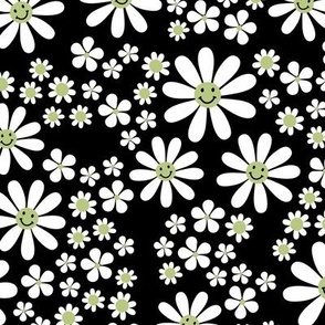 White groovy flowers and smileys - kids daisies and poppy flower blossom spring garden vintage lime green white on black