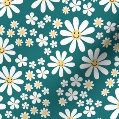 White groovy flowers and smileys - kids daisies and poppy flower blossom spring garden vintage soft white yellow on teal blue