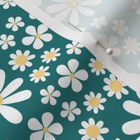 White groovy flowers and smileys - kids daisies and poppy flower blossom spring garden vintage soft white yellow on teal blue