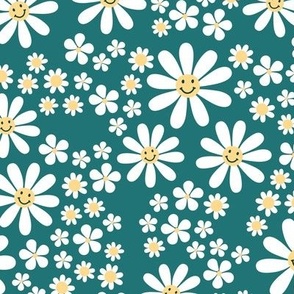White groovy flowers and smileys - kids daisies and poppy flower blossom spring garden vintage soft white yellow on teal blue