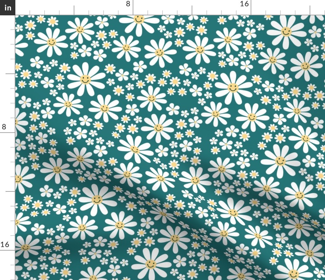 White groovy flowers and smileys - kids daisies and poppy flower blossom spring garden vintage soft white yellow on teal blue