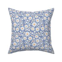 White retro flowers - kids groovy seventies daisies and poppy flower blossom spring garden vintage white yellow on periwinkle blue