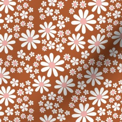 White retro flowers - kids groovy seventies daisies and poppy flower blossom spring garden vintage white pink on rust burnt orange