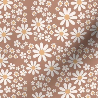 White retro flowers - kids groovy seventies daisies and poppy flower blossom spring garden vintage ivory yellow on caramel beige tan