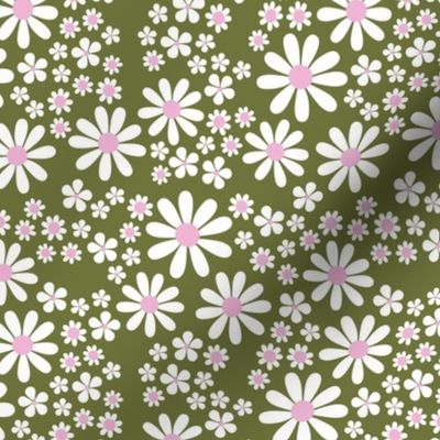 White retro flowers - kids groovy seventies daisies and poppy flower blossom spring garden vintage white pink on olive green