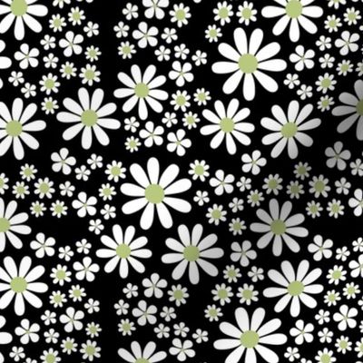 White retro flowers - kids groovy seventies daisies and poppy flower blossom spring garden vintage white lime green on black