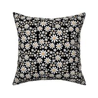 White retro flowers - kids groovy seventies daisies and poppy flower blossom spring garden vintage white yellow on black