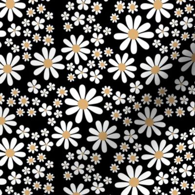 White retro flowers - kids groovy seventies daisies and poppy flower blossom spring garden vintage white yellow on black