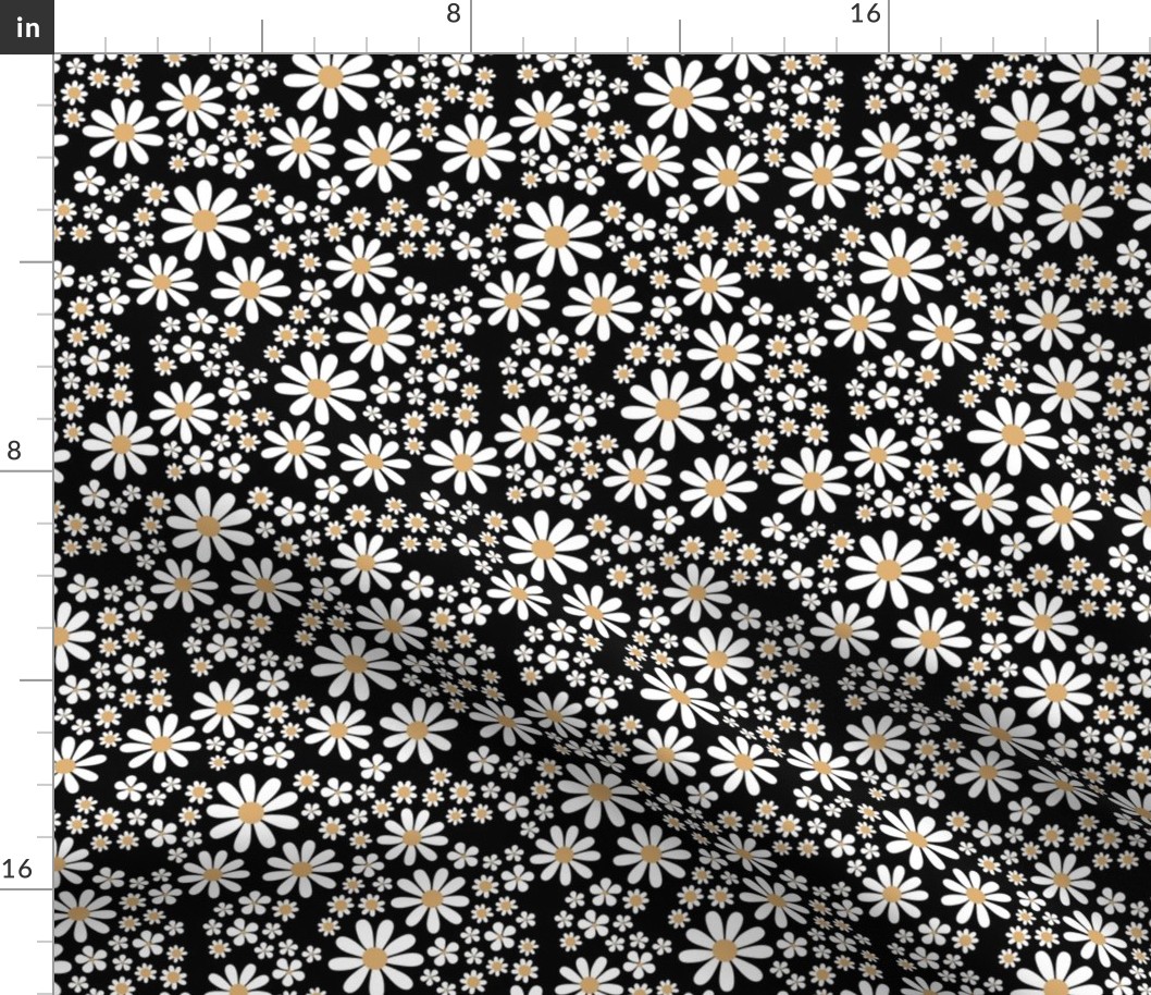 White retro flowers - kids groovy seventies daisies and poppy flower blossom spring garden vintage white yellow on black