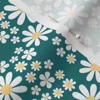 White retro flowers - kids groovy seventies daisies and poppy flower blossom spring garden vintage white yellow on teal blue