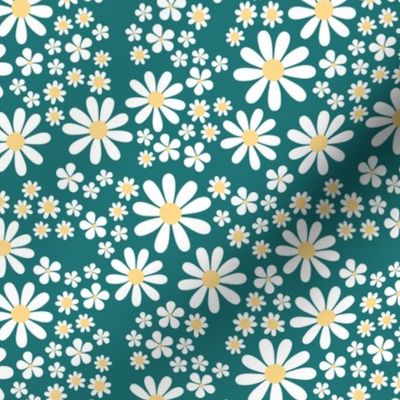 White retro flowers - kids groovy seventies daisies and poppy flower blossom spring garden vintage white yellow on teal blue