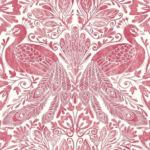 Damask peacock block print red white viva magenta natural