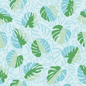 Layered Monstera design in calming green and blue tones // Large