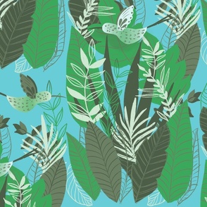 (L) Hummingbirds and green foliage - aqua background