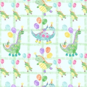 Watercolor dinosaur roller skates birthday party on blue and green grid background