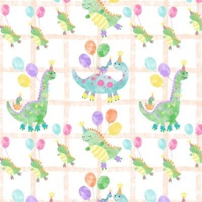 Watercolor dinosaur roller skates birthday party on white and orange grid background