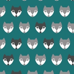 Retro little fall fox in rows gray charcoal on teal blue