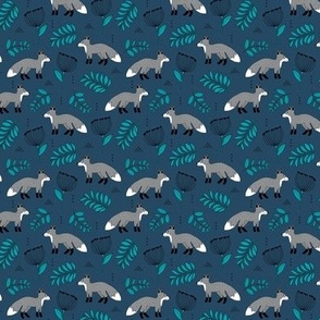 Cute brave little fox forest wild animals a flowers and leaves fall winter forest gray aqua on navy blue  SMALL