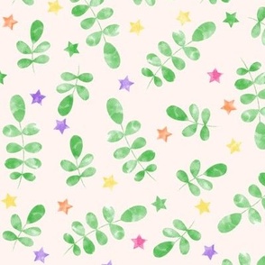 watercolor green leaves and colorful stars on orange background