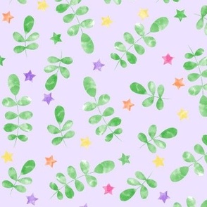 watercolor green leaves and colorful stars on a lilac background
