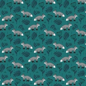 Cute brave little fox forest wild animals a flowers and leaves fall winter forest gray navy on teal SMALL
