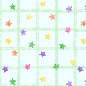 Colorful watercolor stars on green and blue crayon grid background