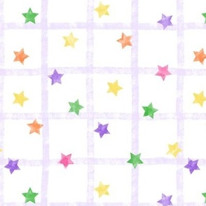Colorful watercolor stars on purple and white crayon grid background