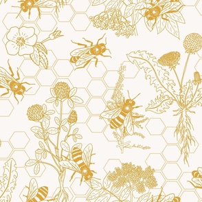 Large Scale - Honey Bees & Plants in Yellow Gold 