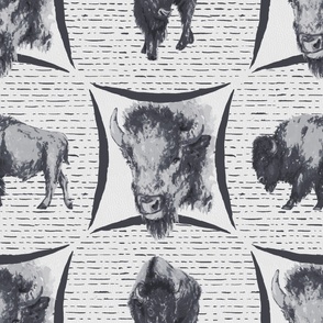 Engraved Bison / American Buffalo Monochromatic & Moody Masculine Vintage Retro Line Art for Rustic Cabincore in warm ash gray / warm black and white