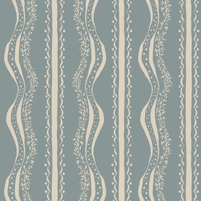 Medium - Vintage Cottagecore Farmhouse with vertical botanical stripes - blue and off white