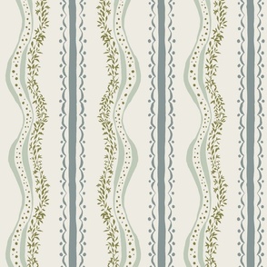 Medium - Vintage Cottagecore Farmhouse with vertical botanical stripes - blue and green