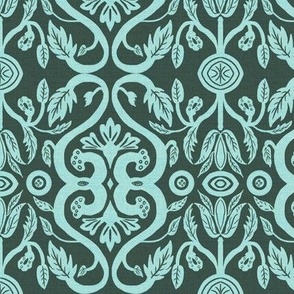 Heritage Gothic Renaissance hand drawn damask with rustic texture in Pantone’s Mega Matter palette 6” repeat