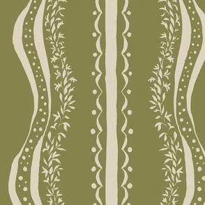 Large - Vintage Cottagecore Farmhouse with vertical botanical stripes - green and off white