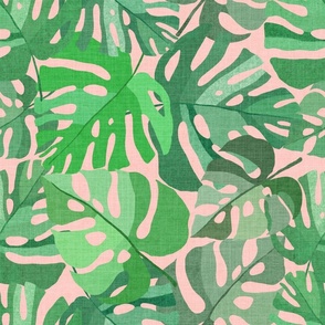 Painted Cool Green Tropical Leaves on blush pink