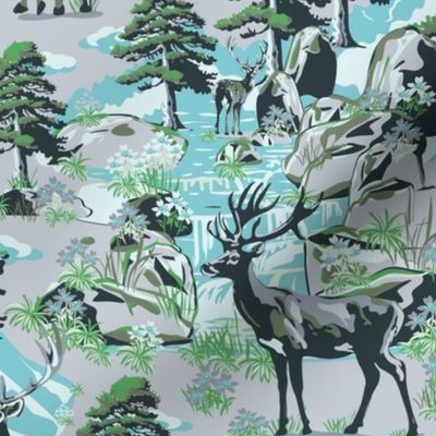 Wild Deer in the Woods, Snow Mountain River Crossing, Moss Green Pine Tree Forest, Evergreen Trees, Rocky Mountain Buck (Large Scale)