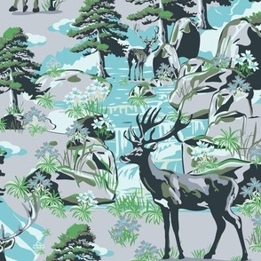 Wild Deer in the Woods, Snow Mountain River Crossing, Moss Green Pine Tree Forest, Evergreen Trees, Rocky Mountain Buck (Large Scale)