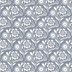 Large Block Print Floral Bouquet in Steel Blue on White