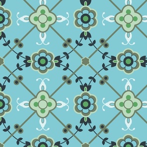 Green Gray and Blue Floral Trellis