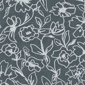 Line Art Floral on Dark Blue, Textured Look, Flower Outlines