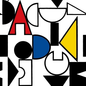 Painted Chunky Bauhaus Shapes in black on white with Piet Mondrian's red, blue and yellow