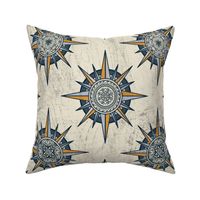 Folk Art Compass Roses  // Muted Blues and Golds on Distressed Beige