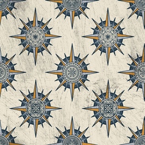 Folk Art Compass Roses  // Muted Blues and Golds on Distressed Beige
