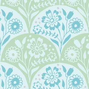 Jumbo (for fabric only) Block Print Floral Bouquet Alternating Horizontal Stripes in Blue and Green, 