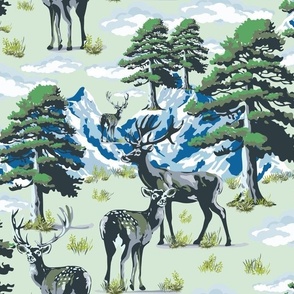 Modern Retro Wild Deer Park in Mountain River Crossing, Evergreen Trees, Green Pine Tree Forest on Green (Large Scale)