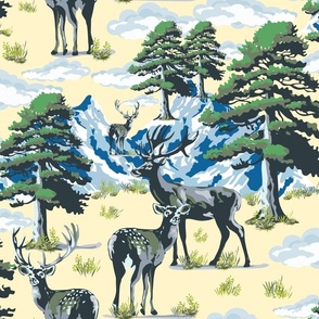 Vintage Wild Deer Park in Mountain River Crossing, Evergreen Trees, Green Pine Tree Forest on Lemon Yellow (Large Scale)
