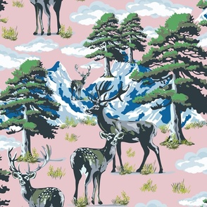 Vintage Wild Deer Park in Mountain River Crossing, Evergreen Trees, Green Pine Tree Forest on Pink