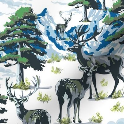 Scenic Wild Deer in Snow Mountain River Crossing, Moss Green Pine Tree Forest, Evergreen Trees, Rocky Mountain Buck